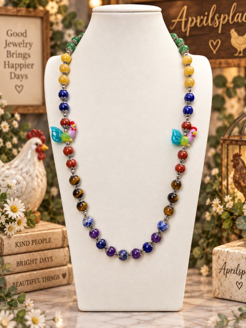 #1 FLASH  Hand-Knotted Aprilsplace Artisan 26 Lampwork Chicken & Mixed Gemstone